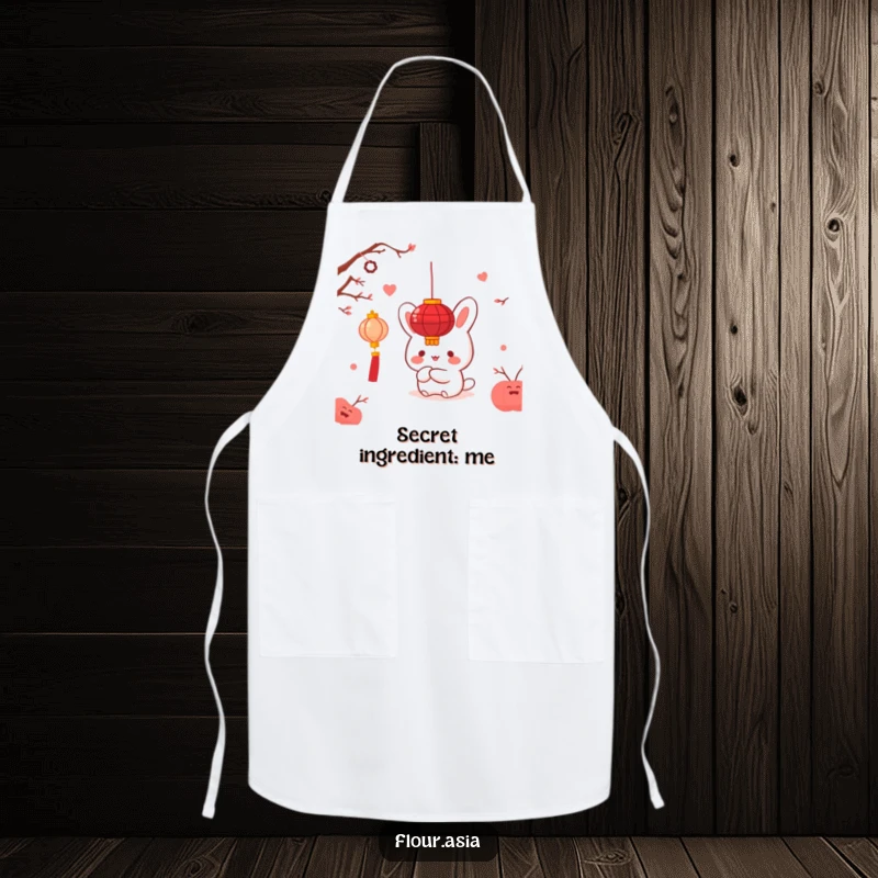 Funny kawaii bao bun character happily hiding behind a red lantern on a kitchen apron, a great funny chef gift.