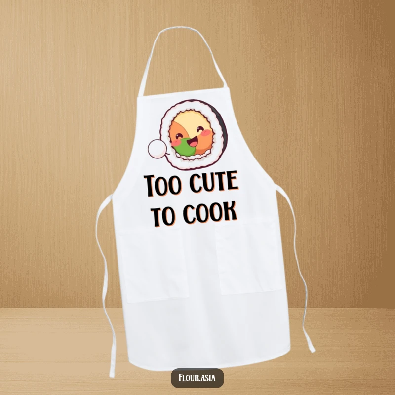 Funny kawaii sushi roll character smiling and playfully bouncing a tiny rice ball on a kitchen apron, a funny chef gift.