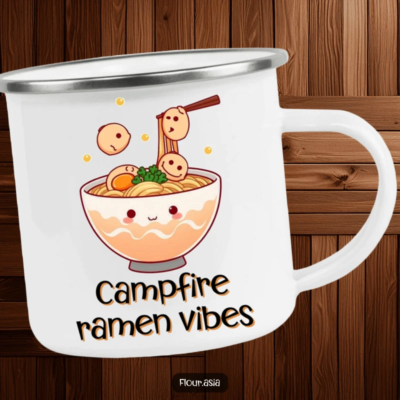 Funny kawaii ramen bowl character steaming and juggling tiny fish cakes on a camping mug, great outdoor funny gift.