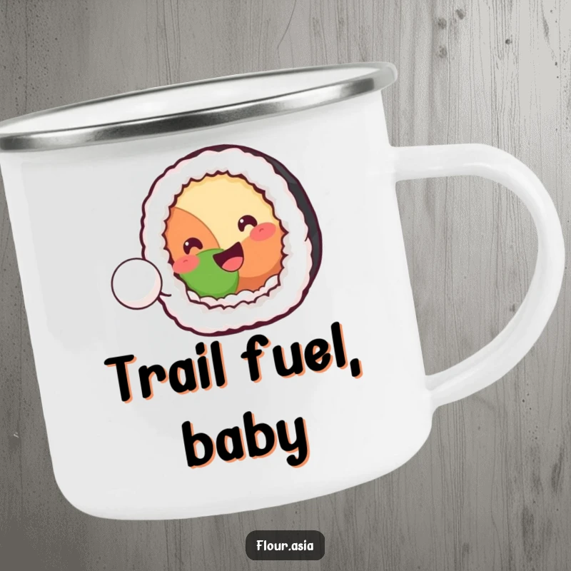 Funny kawaii sushi roll character smiling and playfully bouncing a tiny rice ball on a camping mug, great outdoor funny gift.