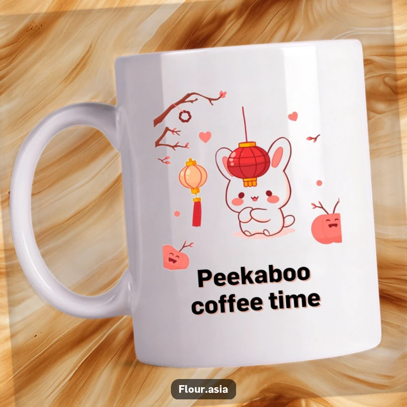 Funny kawaii bao bun character happily hiding behind a red lantern on a mug, a cute and funny gift.