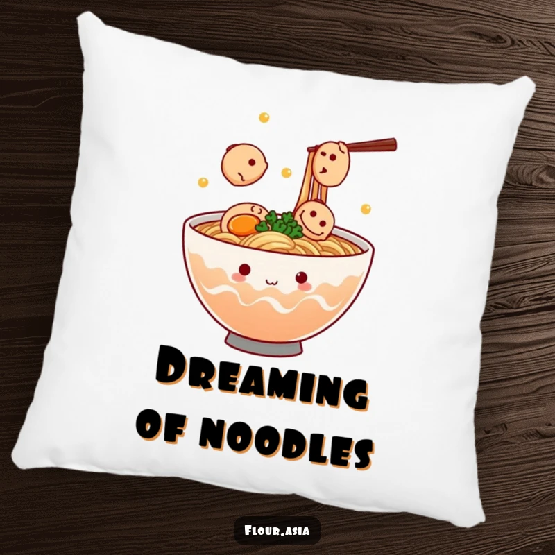 Funny kawaii ramen bowl character steaming and juggling tiny fish cakes on a soft pillow, ideal funny gift.