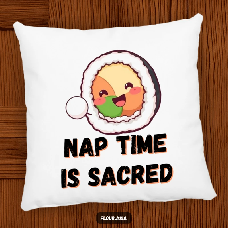 Funny kawaii sushi roll character smiling and playfully bouncing a tiny rice ball on a soft pillow, ideal funny gift.