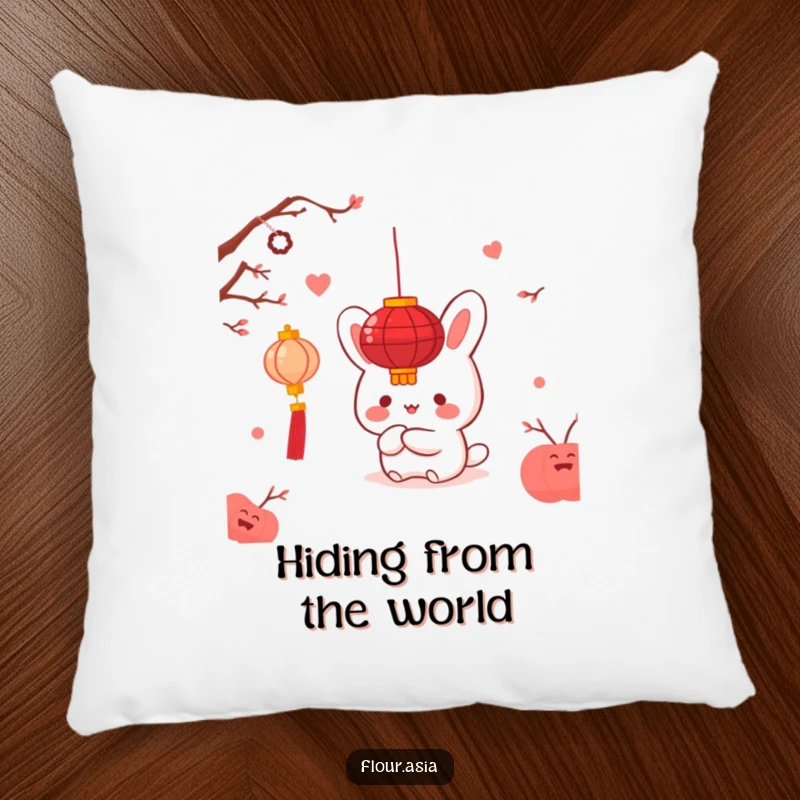 Funny kawaii bao bun character happily hiding behind a red lantern on a soft pillow, ideal funny gift.