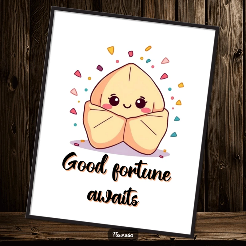 Funny kawaii fortune cookie character smiling and bursting with confetti on a digital art print, instant funny gift.