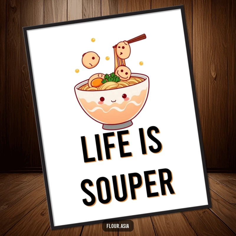 Funny kawaii ramen bowl character steaming and juggling tiny fish cakes on a digital art print, instant funny gift.