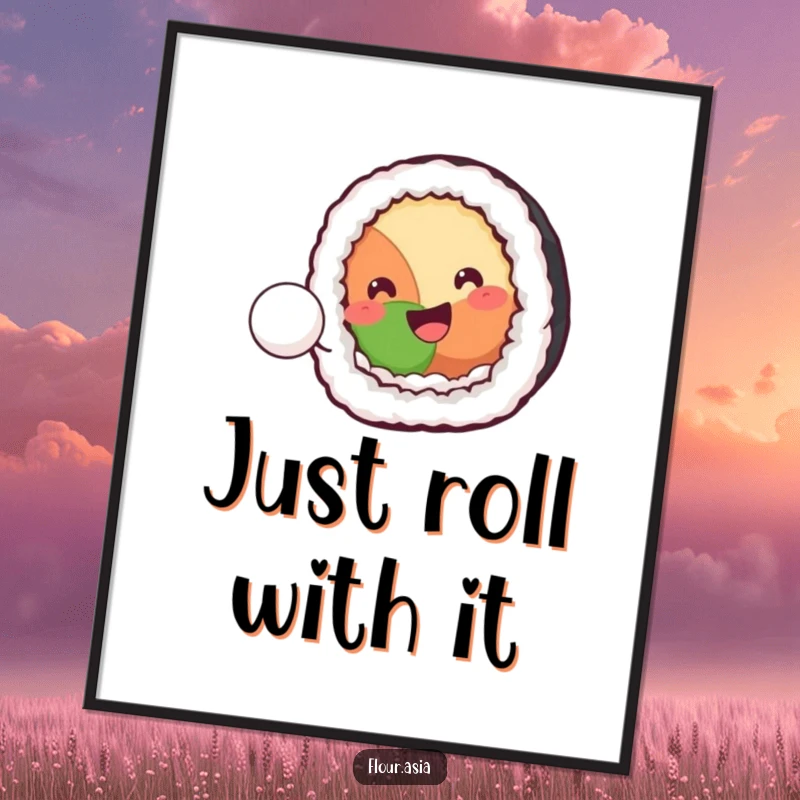 Funny kawaii sushi roll character smiling and playfully bouncing a tiny rice ball on a digital art print, instant funny gift.