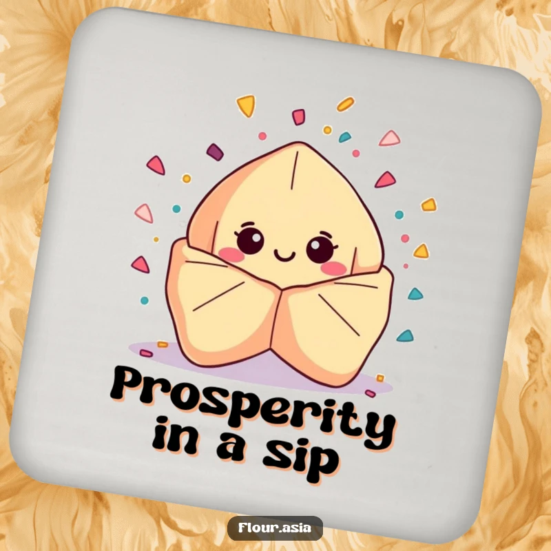 Funny kawaii fortune cookie character smiling and bursting with confetti on a drink coaster, a funny housewarming gift.