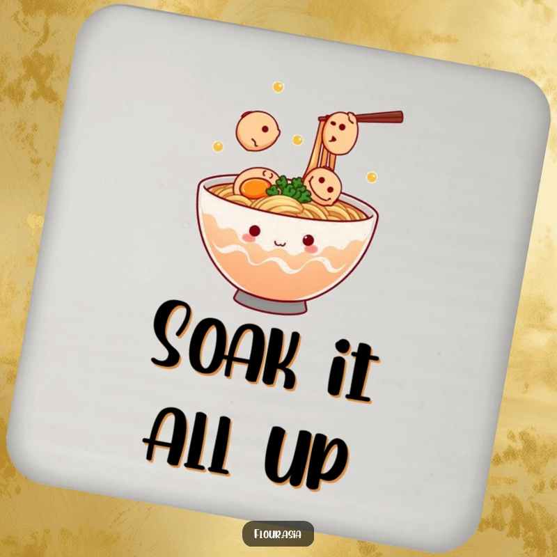 Funny kawaii ramen bowl character steaming and juggling tiny fish cakes on a drink coaster, a funny housewarming gift.