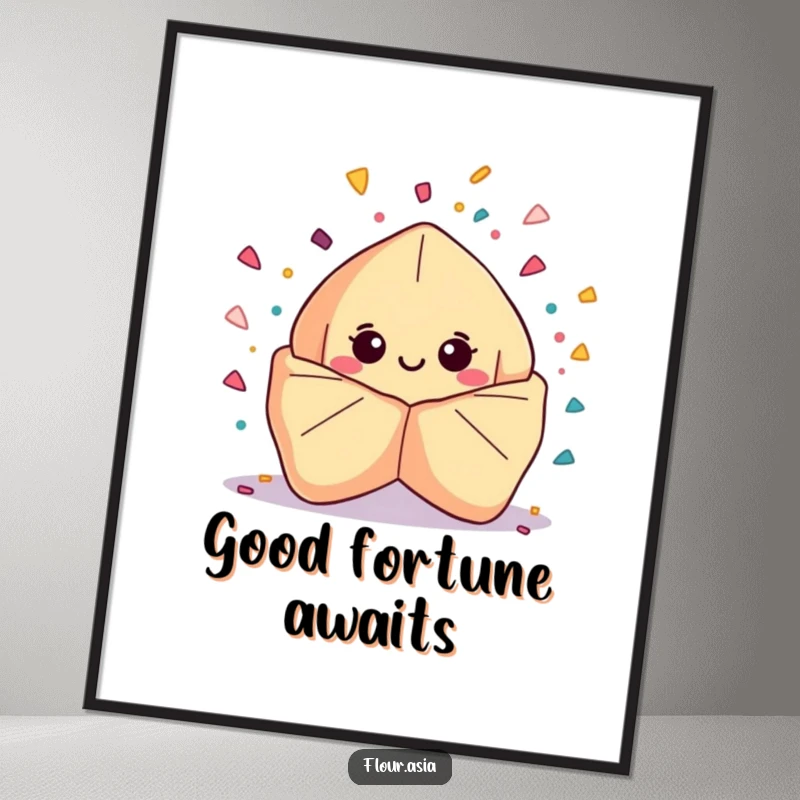 Funny kawaii fortune cookie character smiling and bursting with confetti on a poster, perfect funny wall art.