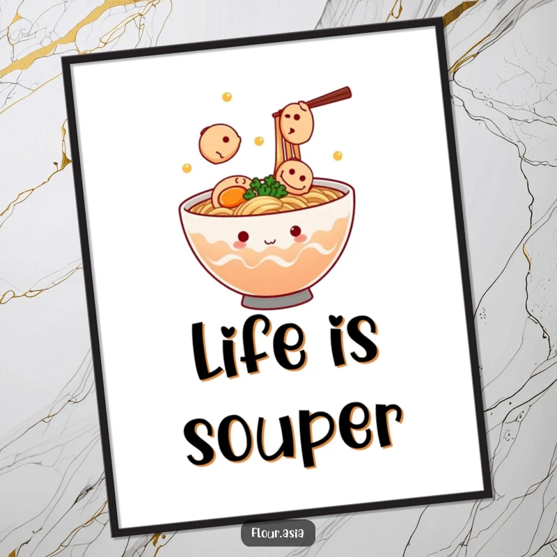 Funny kawaii ramen bowl character steaming and juggling tiny fish cakes on a poster, perfect funny wall art.