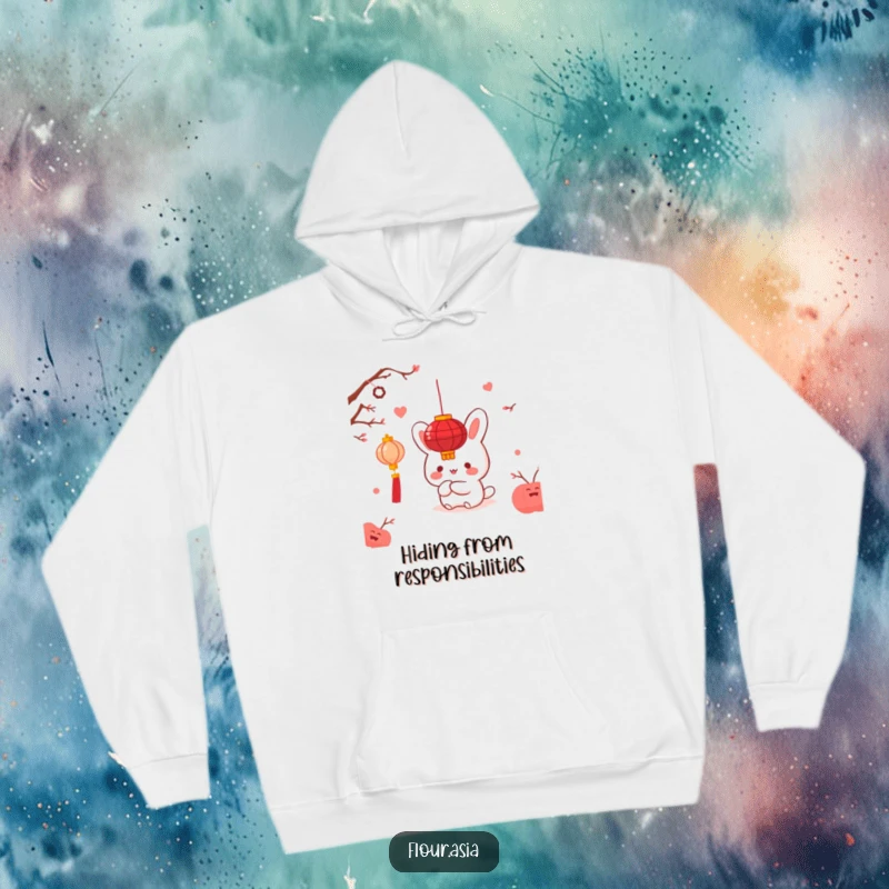 Funny kawaii bao bun character happily hiding behind a red lantern on a cozy hoodie, a perfect funny gift.