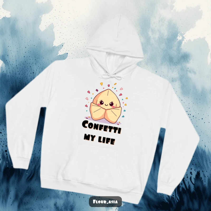 Funny kawaii fortune cookie character smiling and bursting with confetti on a cozy hoodie, a perfect funny gift.