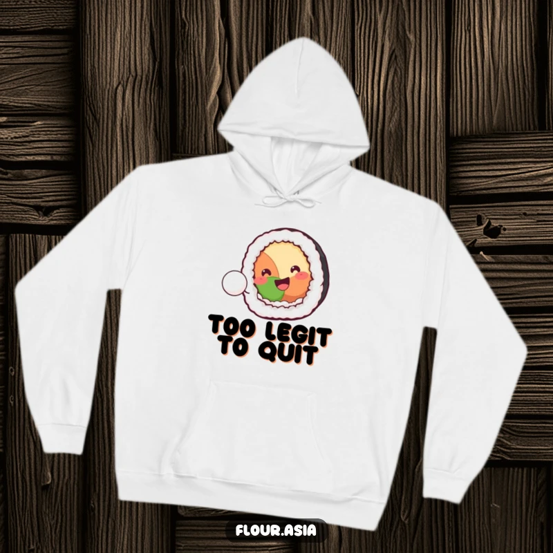 Funny kawaii sushi roll character smiling, playfully bouncing a rice ball on a cozy hoodie, a perfect funny gift.