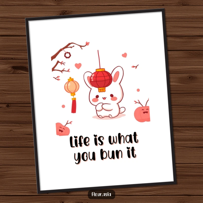 Funny free printable wall art: Kawaii bao bun playfully hiding behind a red lantern, cute and charming downloadable art for any room.