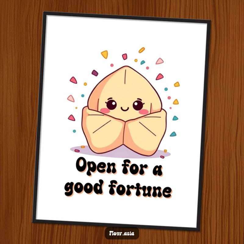 Funny free printable wall art: A kawaii fortune cookie bursting with colorful confetti, dynamic and festive downloadable art for any cheerful space.