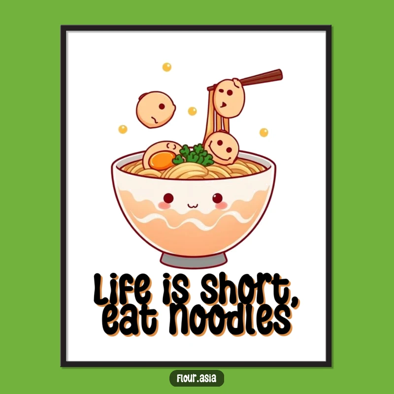 Free Printable Wall Art: Funny Kawaii Ramen Bowl Juggling Fish Cakes for a Whimsical Decor