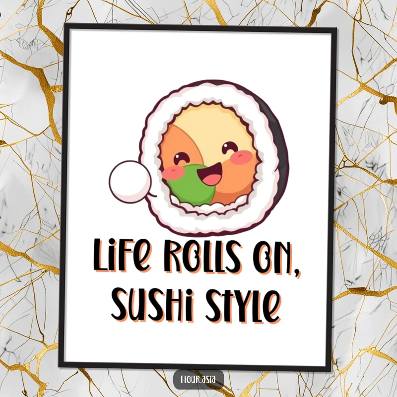 Funny free printable wall art: Kawaii sushi roll playfully bouncing a tiny rice ball, vibrant and humorous downloadable art for any room.