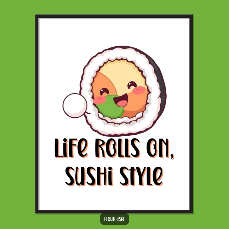 Free Printable Wall Art: Funny Kawaii Sushi Roll Bouncing Rice Ball for a Playful Home Decor