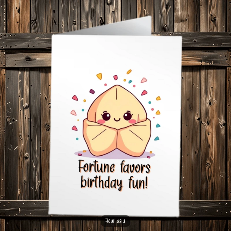 Funny free printable birthday card: A smiling kawaii fortune cookie bursting with confetti, symbolizing celebratory joy and good fortune for the recipient.