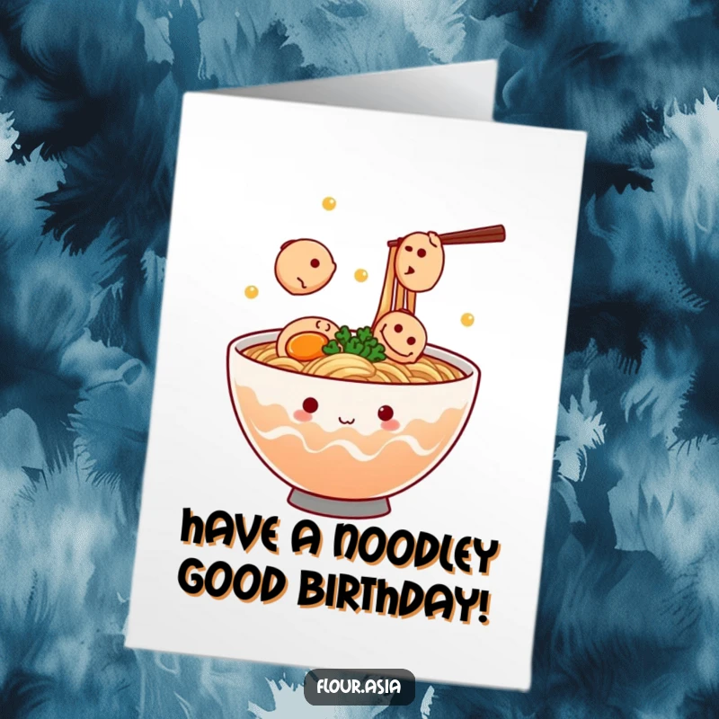 Funny free printable birthday card: Kawaii ramen bowl happily juggling fish cakes, a humorous and delicious way to say happy birthday.