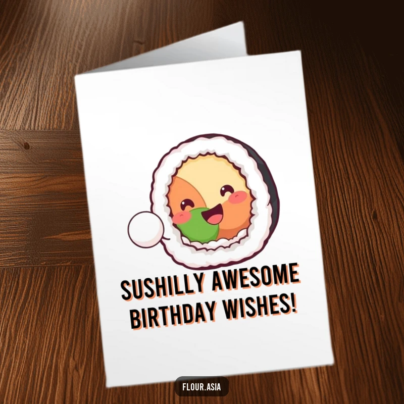 Funny free printable birthday card: Kawaii sushi roll bouncing tiny rice ball, spreading joy and laughter, perfect DIY gift.