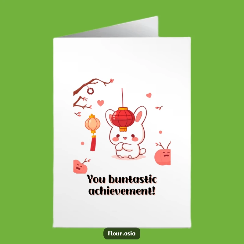 Free Printable Congrats Card: Lucky Bao Bun Celebrates Success Behind a Red Lantern Festivity