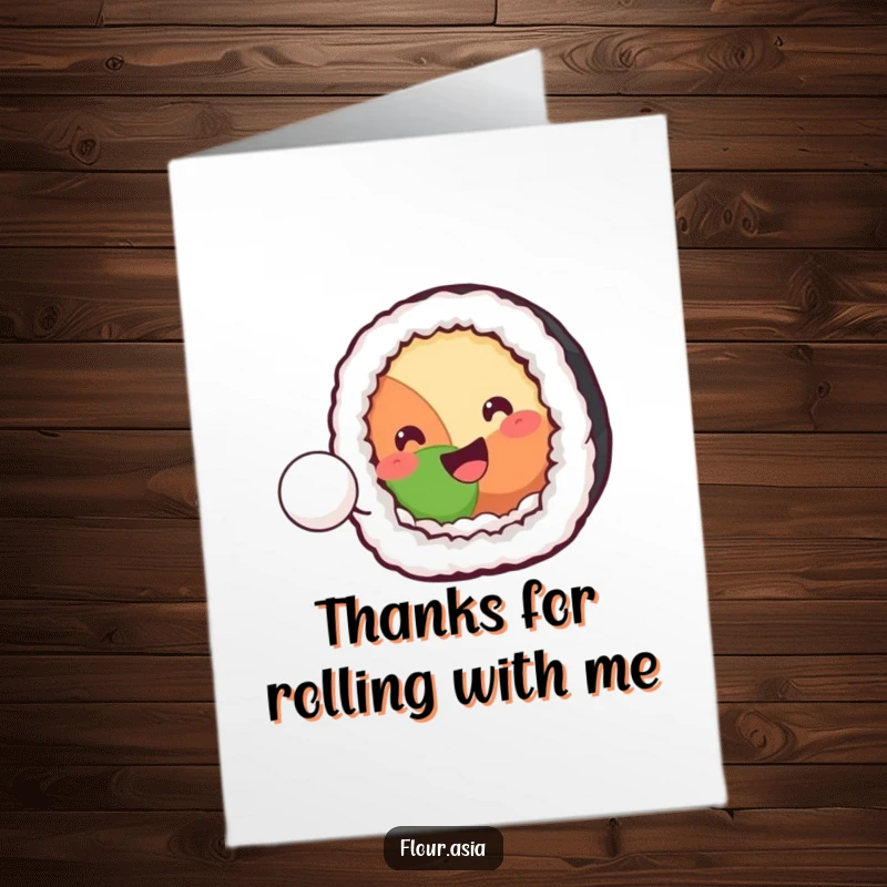 Funny free printable thank you card: A happy kawaii sushi roll bouncing a rice ball to express gratitude, a unique DIY gesture.