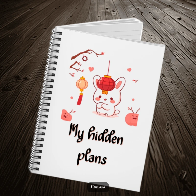 Funny kawaii bao bun character happily hiding behind a red lantern on a notebook cover, a funny gift.