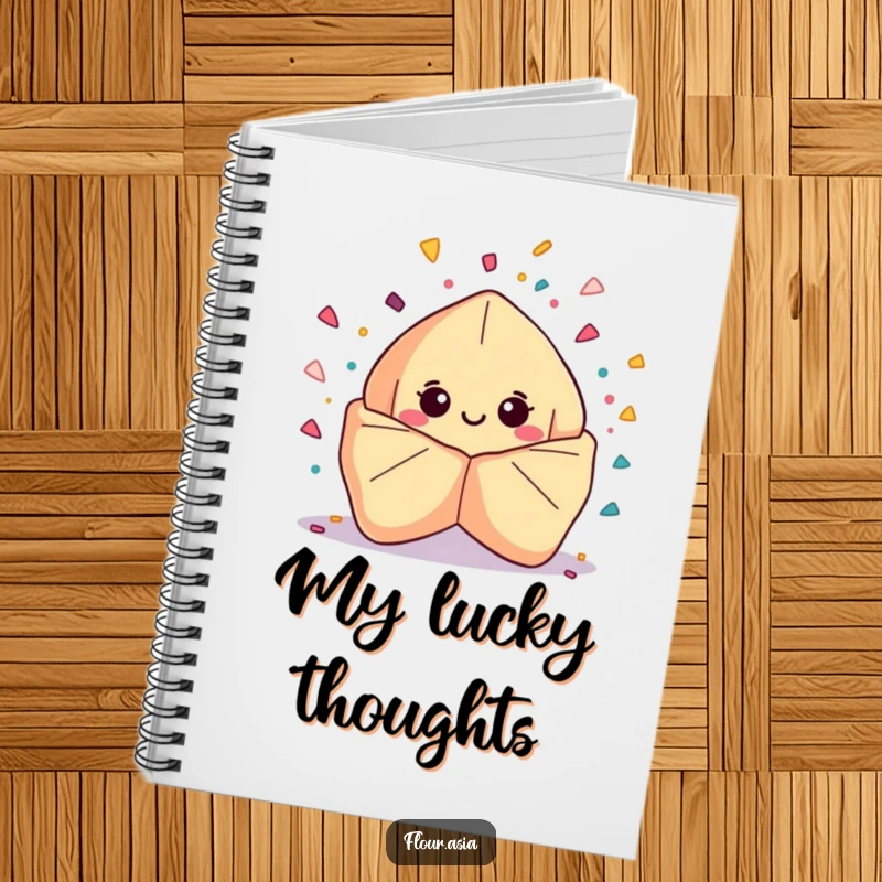 Funny kawaii fortune cookie character smiling and bursting with confetti on a notebook cover, a funny gift.