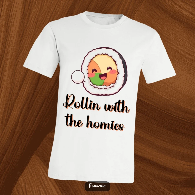 Funny kawaii sushi roll character smiling while playfully bouncing a tiny rice ball on a t-shirt, a funny foodie gift.