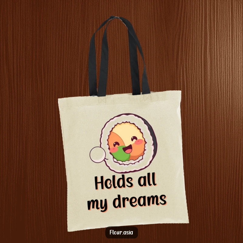 Funny kawaii sushi roll character smiling and playfully bouncing a tiny rice ball on a tote bag, great for funny gifts.